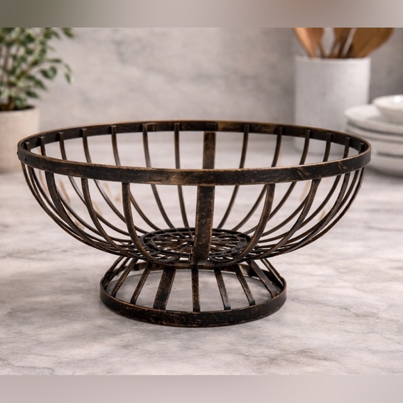 Other - Vintage Black Metal Wire Pedestal Bowl Basket | Industrial Farmhouse Decor